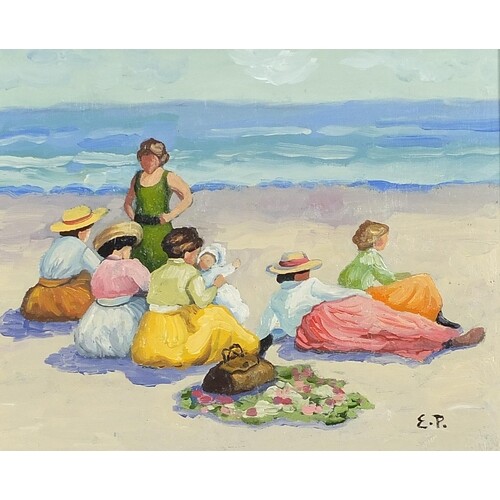 Beach scene with figures, American school oil on canvas boar...