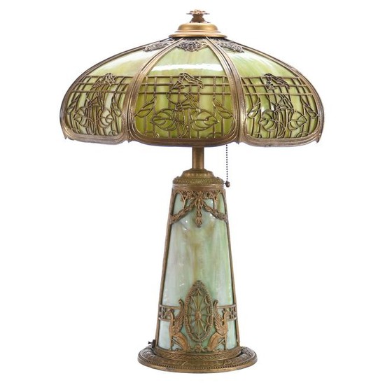 Bent Panel Green Slag Glass Table Lamp