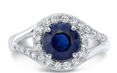 Blue Sapphire And Diamond Halo Ring In 14k White Gold