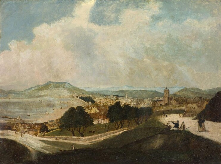 British Provincial School, early-mid 19th century- A costal town in Britain; oil on canvas, 45.8 x 61 cm. Provenance: Private Collection, UK.