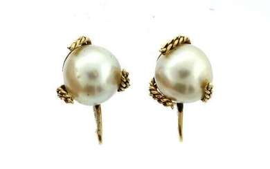 C.1950 14K YELLOW GOLD CULTURED PEARL EARRINGS STAMPED