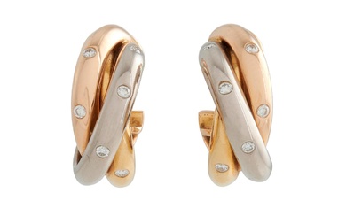 CARTIER, PAIR OF 18CT TRI-COLOUR GOLD AND DIAMOND 'TRINITY' EARRINGS