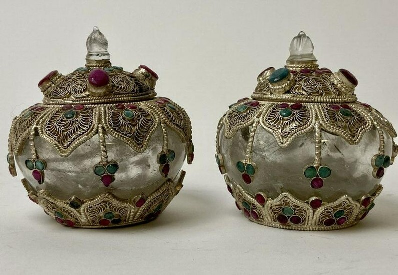 CHINESE GEM INSET CLAD SILVER & ROCK CRYSTAL BOTTLES