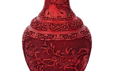 CHINESE LACQUER HAND CARVED FAUX CINNABAR VASE