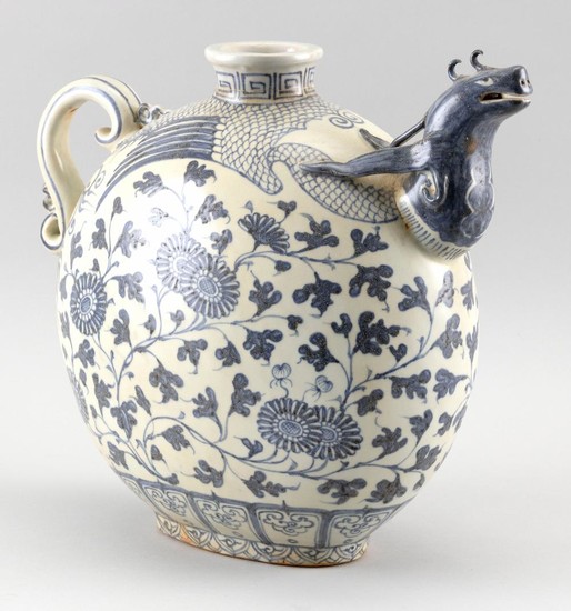 CHINESE UNDERGLAZE BLUE AND WHITE KENDI In moon flask form, with scrolled handle and animal-form spout. Height 12". Length 14".