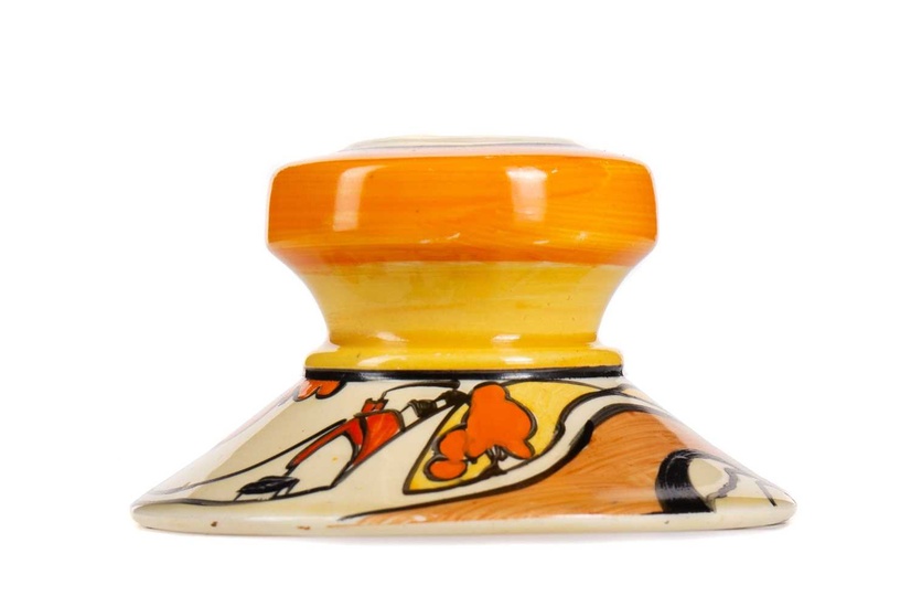 CLARICE CLIFF (BRITISH, 1899-1972) FOR NEWPORT POTTERY, 'ORANGE TREES & HOUSE' DWARF CANDLESTICK CIRCA 1930-39