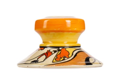 CLARICE CLIFF (BRITISH, 1899-1972) FOR NEWPORT POTTERY, 'ORANGE TREES & HOUSE' DWARF CANDLESTICK CIRCA 1930-39