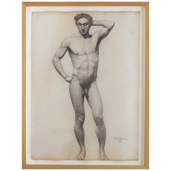 Carl T. Pfeufer Male Nude Study Pencil Drawing Signed