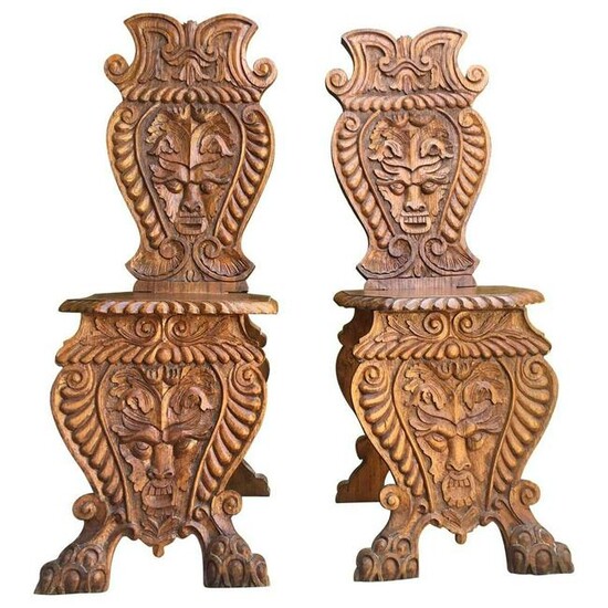 Carved Sgabello Hall Chairs Early-20th Century