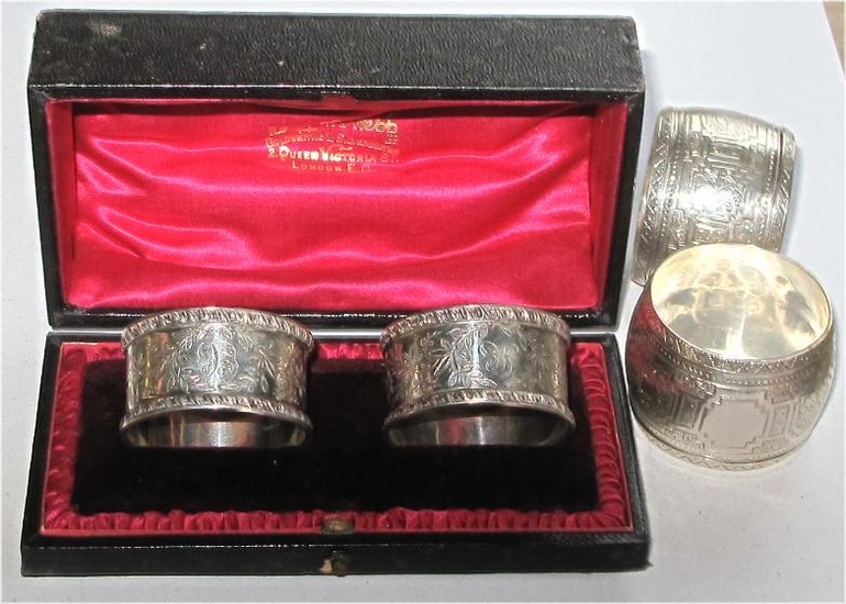 Cased British sterling silver Napkin rings Mappin & Webb, London along with another pair FR3SH