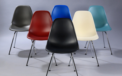 Charles Eames. Set of six shell chairs in multicolour, model DSX. (6)