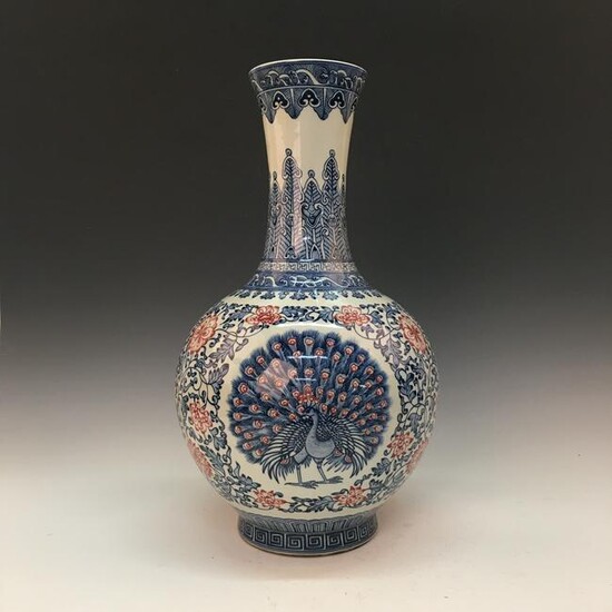 Chinese Blue-White Copper Red 'Peacock' Vase, Qianlong