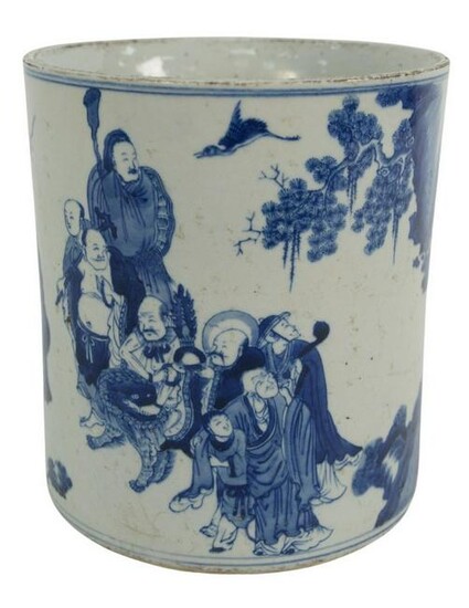 Chinese Blue and White Brush Pot having painted figures