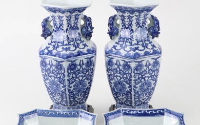 Chinese Blue and White Floral Vases with Wooden Bases and Decorative Bowls