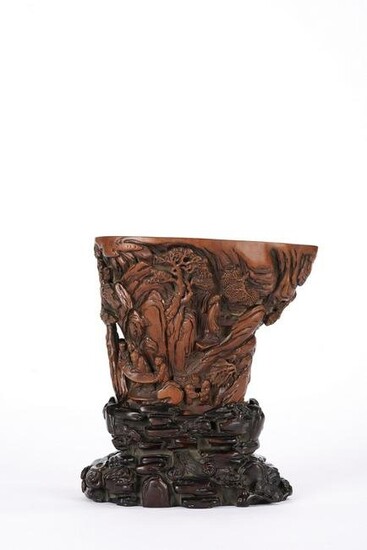 Chinese Boxwood Carved Scholars and Landscape Cup