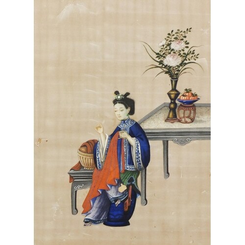 Chinese pith paper painting of a seated female with lucky ob...