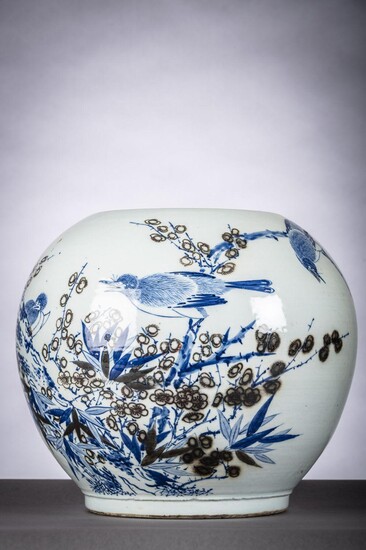 Chinese vase in porcelain with underglaze red and blue decoration 'birds an