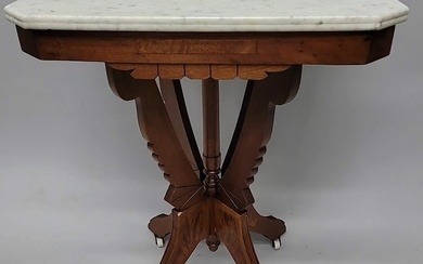 Circa 1880's Walnut American Eastlake Marble Top Parlor Table with original porcelain castors - hgt