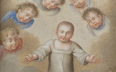 Circle of JosÃ© de PÃ¡ez, Mexican 1720-1790- Angels adoring the Christ child; pencil and watercolour on vellum, bears inscription on an old label attached to the backing board, 8.8 x 5.5 cm. Note: See 'Allegory of the Sacred Heart of Jesus' by...