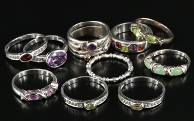 Collection of Sterling Amethyst, Jadeite, Topaz Stacking Rings