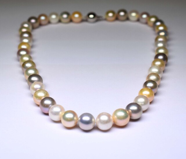 Collier perles de culture naturelles diamètre 12-12,5 mm aux couleurs naturelles multicolores lilas, blanches et...