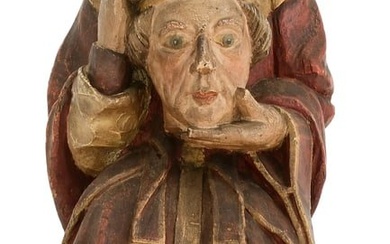 Continental Carved & Polychrome-Painted Wood Figure of Saint Denis