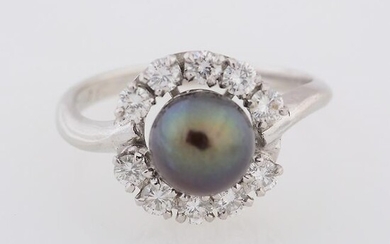 Cultured Pearl, Diamond, Platinum Ring.