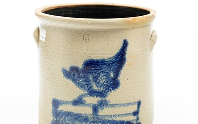 DECORATED SIX-GALLON STONEWARE CROCK WITH CHICKEN ON FENCE.