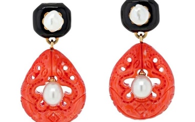 David Webb Platinum & 18K Yellow Gold Cultured Pearl Coral and Enamel Clip Earrings