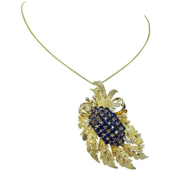 Diamond Sapphire Flower Pendant Brooch 14K Gold Vintage