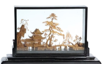 Diorama Very Fine Hand Carved Balsa Wood Chinese Pagoda Building in Shadow Box Display