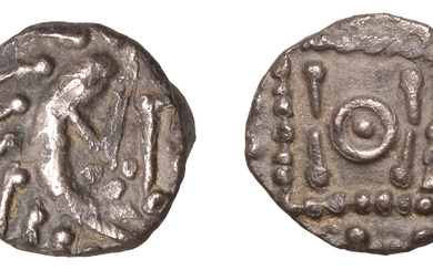 Early Anglo-Saxon Period, Sceatta, Primary series A3, radiate head...