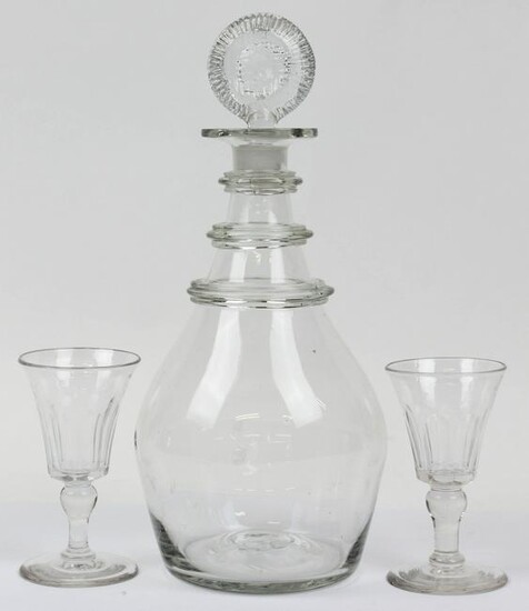 Early Free Blown Decanter and Two Cordials
