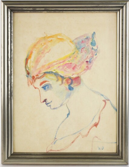 Ecole Française début XXème siècle "Portrait de jeune femme de profil" Aquarelle sur papier, monogrammée...