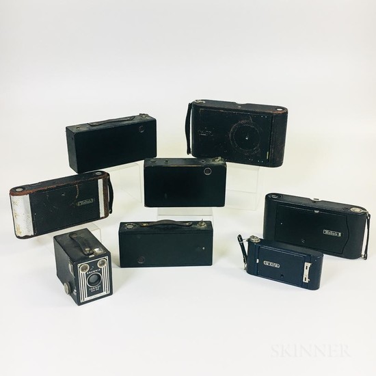 Eight Kodak Cameras, Rochester, New York, a "3A Autographic Kodak Special, Model B," "No. 3A Autographic Kodak Jr.," "No. 4A Folding Ko