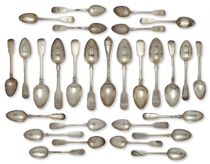 Eight Victorian and earlier silver dessert spoons, all of fiddle pattern design, some with monograms to terminals, various dates and makers including: Dublin, c.1832, Richard Garde and Exeter, c.1825, Simon Levy, together with decorative pattern...