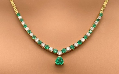 Emerald And Diamond Necklace, 18k Yellow Gold