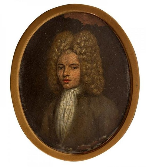English school; early 18th century. "Portrait of a gentleman". Oil on copperâ€. Has faults.