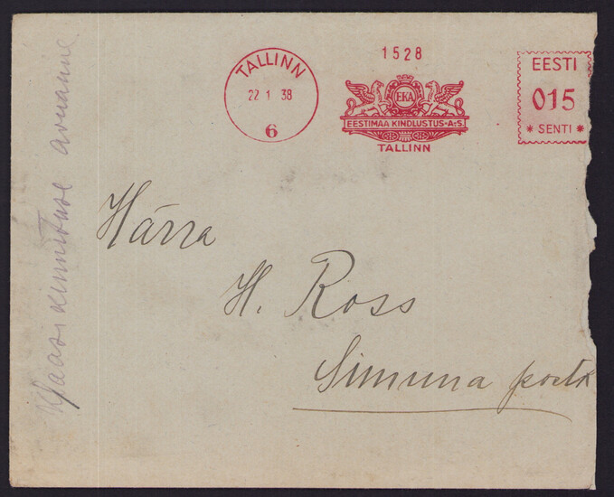 Estonia Tallinn - Simuna envelope 1938