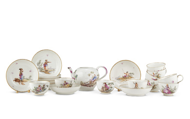 European manufactures, late 18th century. Part of coffee service consisting of ten cups, nine saucers and a porcelain teapot decorated…
