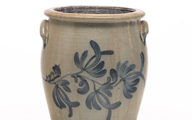 FINE A. RUSSELL (BEAVER, PA) FREEHAND DECORATED STONEWARE JAR.