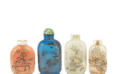 FOUR INSIDE-PAINTED GLASS SNUFF BOTTLES Variously signed Chen Shaofu, Bi...