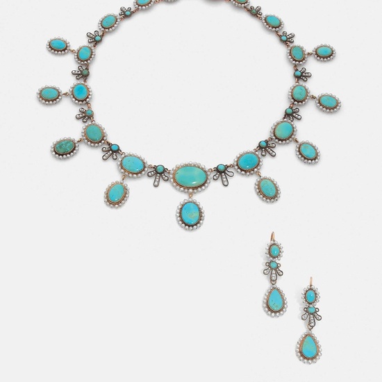 FRENCH WORK CIRCA 1810 TURQUOISE AND NATURAL PEARL SET