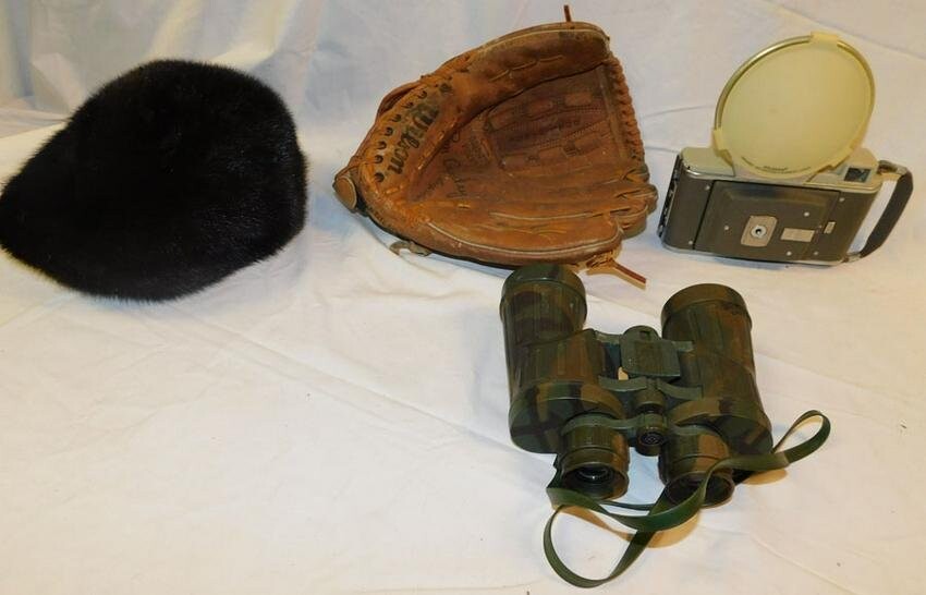 Fur Hat - Baseball Glove - Camera - Binoculars