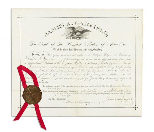 GARFIELD, JAMES A. Partly-printed Document Signed, as