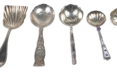 GROUP OF AMERICAN SILVER SERVING SPOONS TOGETHER WITH ONE DANISH SILVER AND ENAMEL EXAMPLE