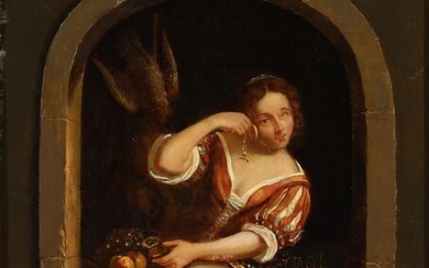 SOLD. Gerrit Dou, manner of, 19th century: A young woman on a balcony listening to a watch. Unsigned. Oil on panel. 27 x 22 cm. – Bruun Rasmussen Auctioneers of Fine Art