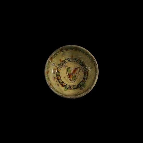 Glazed Sgraffito Footed Bowl with Heraldic Shield