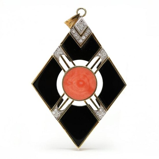 Gold, Coral, Onyx, and Diamond Pendant