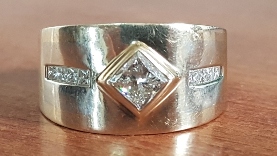 Gold and Diamond Ring; Gold Ring with Centre Square Princess...